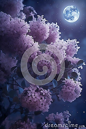 blooming lilac bush at fullmoon night Stock Photo