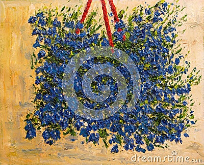Blooming Lobelia in a pot on the wall. Original painting, oil on canvas 40 x 50 cm. Brush strokes Stock Photo