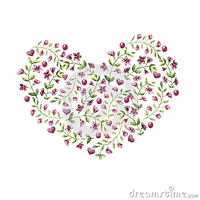 Blooming ornate small red flowers with leaves by heart-shaped Stock Photo