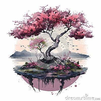 Blooming sacura tree on an island, stunning spring watercolor illustration Cartoon Illustration