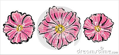 Blooming pink mallow flowers, set. Stylish sketch of hand-drawn ink and colored pastels. Vector Illustration