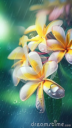 Blooming plumeria flowers with drops of water close-up background. Ai generated Stock Photo