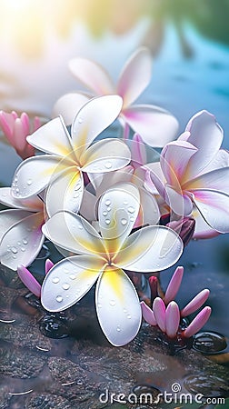 Blooming plumeria flowers with drops of water close-up background. Floral wallpaper. Ai generated Stock Photo