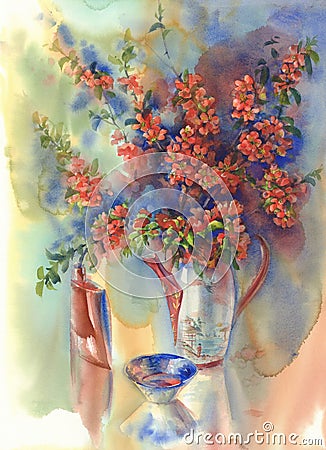 Blooming quince still-life watercolor Stock Photo