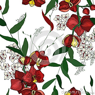 Blooming realistic garden flowers. Handdrawn style. Vector illustration. Blossom flowering seamless pattern painted by hand. Vector Illustration