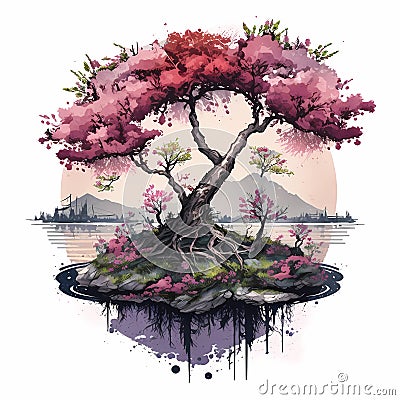 Blooming sacura tree on an island, stunning spring watercolor illustration Cartoon Illustration