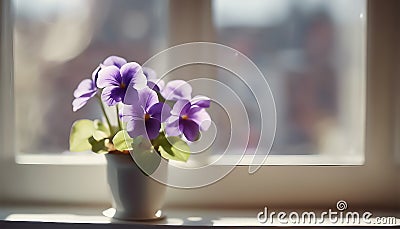 Blooming Saintpaulia. Saintpaulia flowers in a pot on the windowsill. Selective focus. AI generated Stock Photo