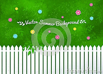 Blooming shrubs and white fence Vector Illustration