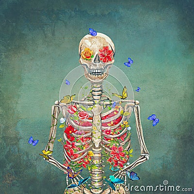 Blooming skeleton on the grunge background with butterflies Stock Photo