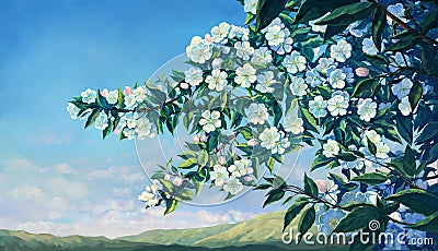 Blooming spring branch of apple tree in nature landscape. Cartoon Illustration