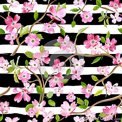 Blooming Spring Flowers Pattern Background. Seamless Fashion Print Vector Illustration