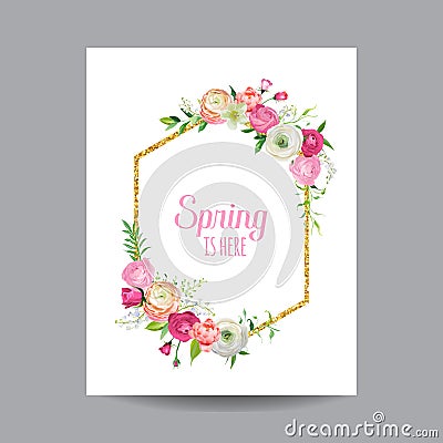 Blooming Spring and Summer Floral Frame with Golden Glitter Border. Watercolor Roses Flowers for Invitation, Wedding Vector Illustration