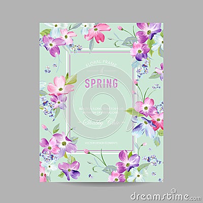 Blooming Spring and Summer Floral Frame. Watercolor Dogwood Flowers for Invitation, Wedding, Baby Shower Card Vector Illustration