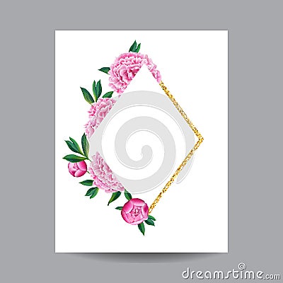 Blooming Spring and Summer Floral Frame. Watercolor Pink Peonies Flowers for Invitation, Wedding, Baby Shower, Greetings Vector Illustration