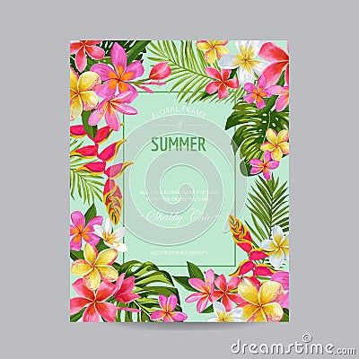 Blooming Summer Floral Frame, Poster, Banner. Tropical Flowers Card for Invitation, Greetings, Wedding, Baby Shower Vector Illustration