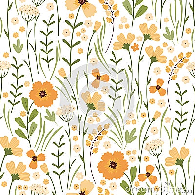 Blooming summer meadow seamless pattern. Repeating floral pattern on white background. Lot of different wild yellow Vector Illustration