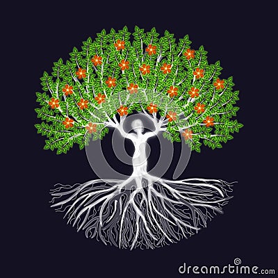 Blooming tree of life illustration. Tree trunk shaped like a human body with luminous, energizing roots, green foliage and orange Cartoon Illustration