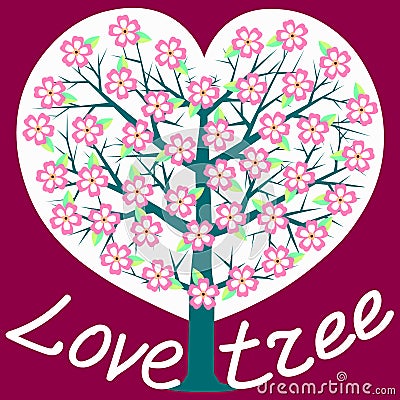 Blooming tree of love in the form of a heart. Cherry sakura flowers Vector Illustration