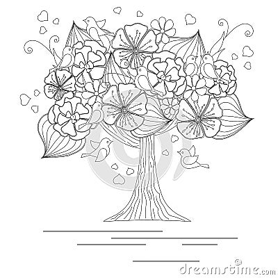 Blooming tree with loving birds for coloring book Vector Illustration