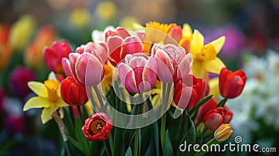 Blooming tulips, daffodils, and Easter lilies in a vibrant springtime arrangement Stock Photo