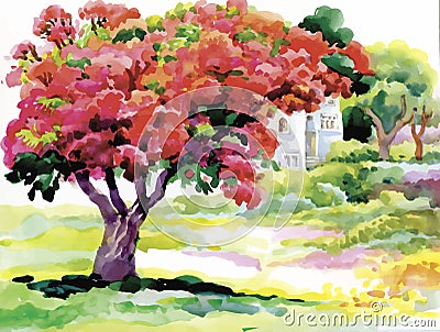 Blooming watercolor spring tree in garden vector illustration Vector Illustration