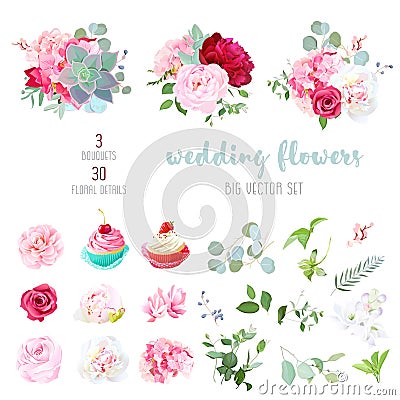 Blooming wedding flowers, tasty cupcakes and leaves big vector c Vector Illustration