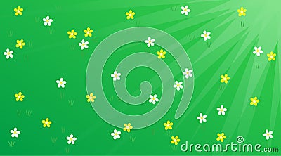 Blooming white daisies on a green meadow under the bright rays of the sun on a summer day. Vector EPS 10 Stock Photo