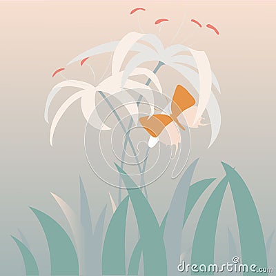 Blooming white lily with butterfly Vector Illustration