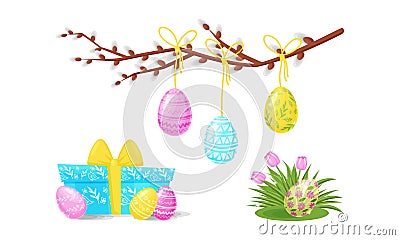 Blooming Willow Branch with Hanging Decorated Easter Egg and Gift Box as Holiday Symbols Vector Set Vector Illustration