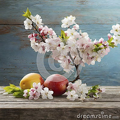 Blooms and Berries. Springtime Splendor on Timber. Stock Photo