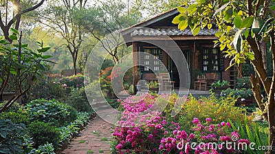 Blossom Garden Cottage Ambiance Stock Photo