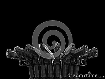 Blossom of guns - black semi auto handguns one next to each other Stock Photo