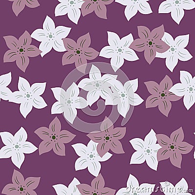 Blossom seamless pattern with hand drawn random tropic flowers shapes. Purple pastel background Vector Illustration