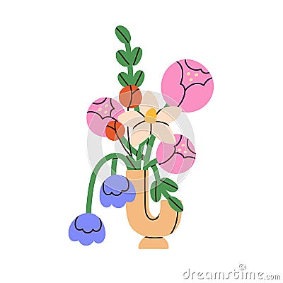 Blossomed flowers bouquet in vase. Summer floral bunch, romantic gift. Posy of cut blooming plants mixed arrangement Vector Illustration