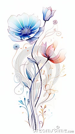 Blossoming Beauty: A Vibrant Lotus Hanging Scroll in Blue Ink Cartoon Illustration