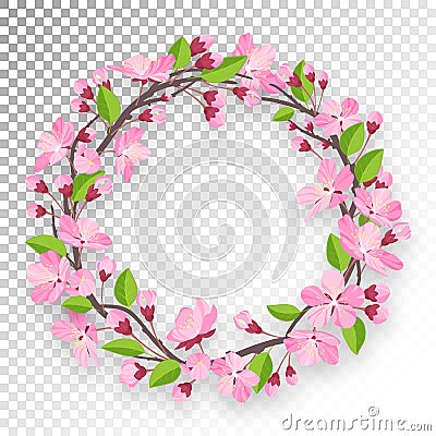 Blossoming cherry round frame for text. Apple-tree or cherry flowers and buds of branch are twisted by ring banner Vector Illustration