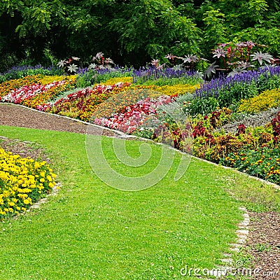 Blossoming flowerbeds in the park Stock Photo