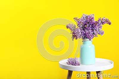 Blossoming lilac flowers in vase on table against color background. Stock Photo