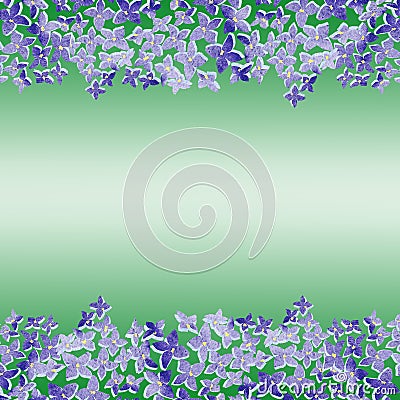 Blossoming lilac on green gradient background. Lilac branch flower drawing, illustration. Cartoon Illustration