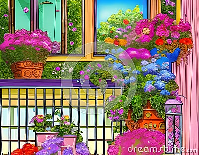 Blossoming Oasis on the Balcony in summer Stock Photo