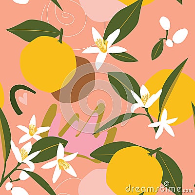 Blossoming of oranges. Citrus tropical fruits on a pink background with green leaves create a cute seamless pattern Vector Illustration