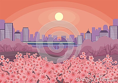 Blossoming Oriental cherry and city Vector Illustration