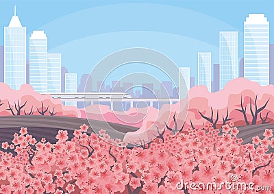 Blossoming Oriental cherry and city Vector Illustration