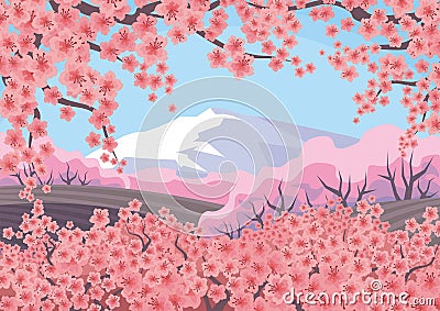 Blossoming Oriental cherry and mountain Vector Illustration