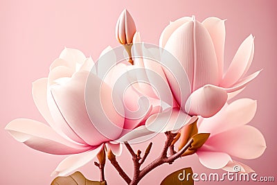 Blossoming Pink Magnolia Flowers on Soft Pink Background. Cartoon Illustration