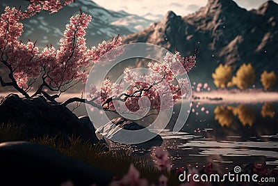 Blossoming Pink Sakura Tree near Lake and Mountains. Generative AI Stock Photo