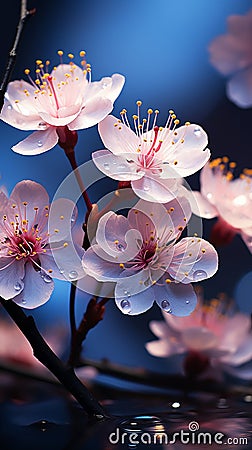 Blossoming spring flowers, bokeh brings a dreamy blue atmosphere Stock Photo