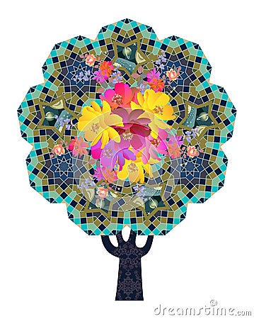 A blossoming Tree of Life with an ornamental trunk and a crown in the form of a universe. Sacred geometry. Cartoon Illustration