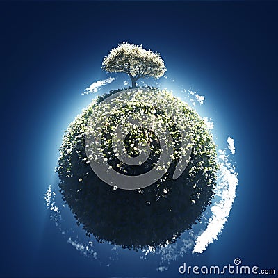 Blossoming tree on small planet Stock Photo