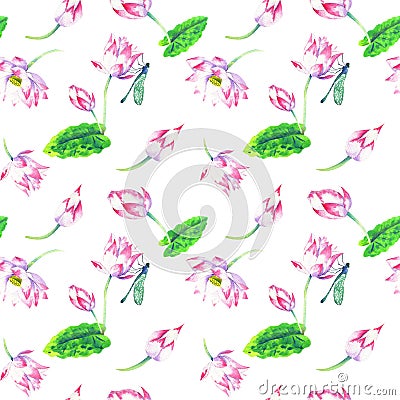 Blossoms and flowers of lotus watercolor seamless pattern Stock Photo